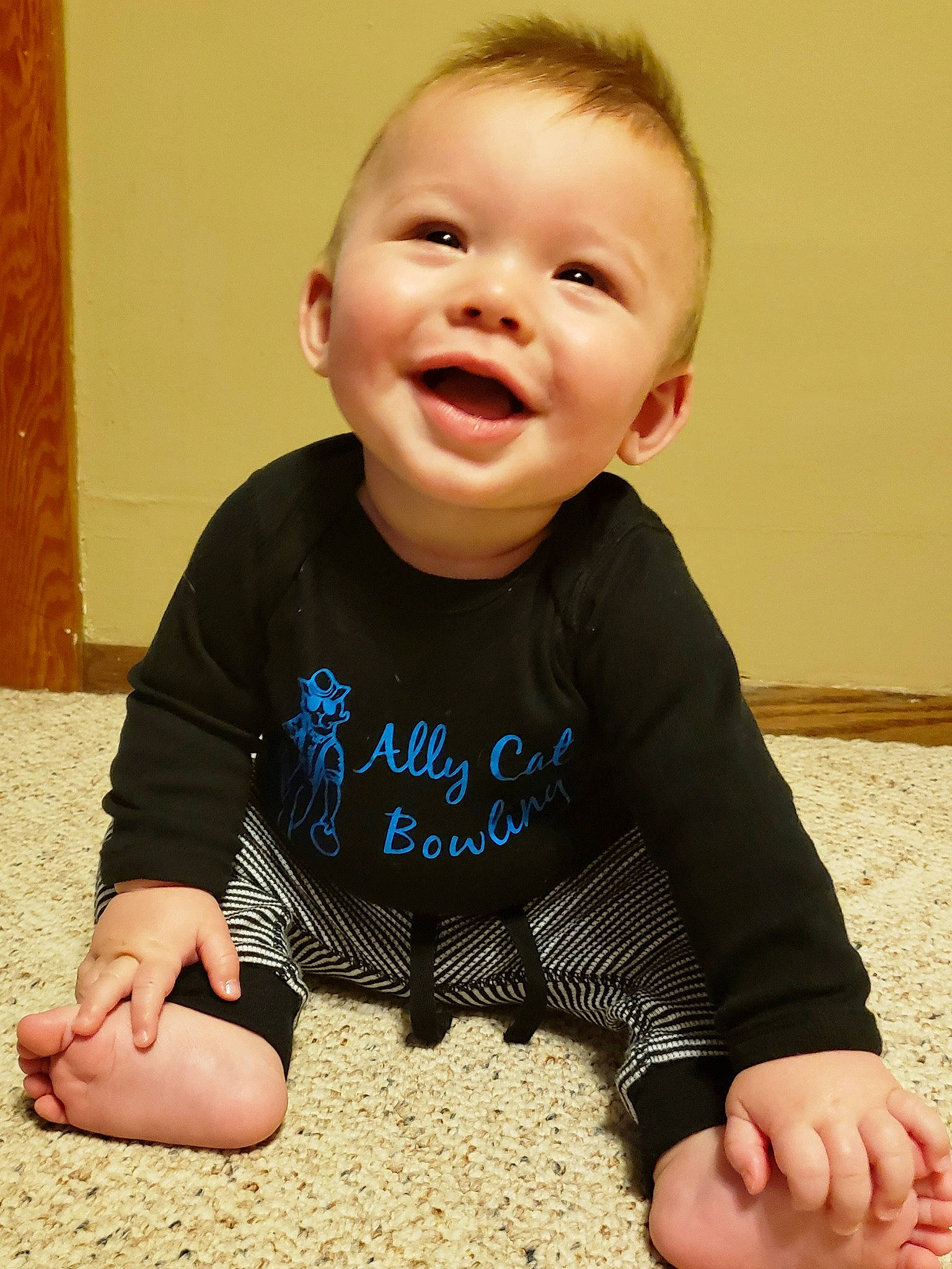 Rhyatt joined the competition — help win amazing prizes! baby, baby_toddler_clothing, cheek, child, crawling, facial_expression, finger, joy, laugh, person, play, sitting, skin, sleeve, smile, toddler