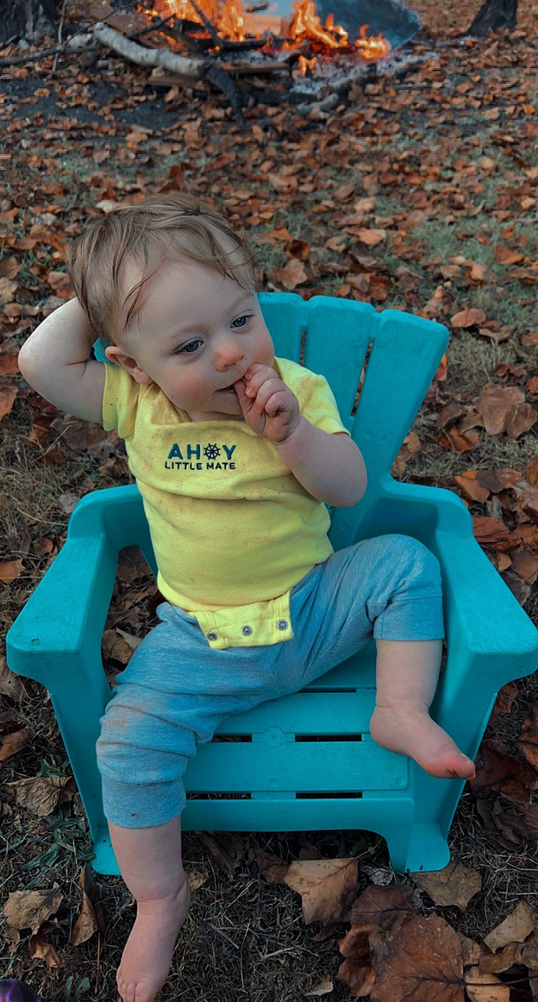 Karter joined the competition — help win amazing prizes! baby_toddler_clothing, chair, child, electric_blue, face, fun, grass, happy, head, human_leg, leg, leisure, outdoor_furniture, people_in_nature, person, play, sitting, spring, summer, thigh