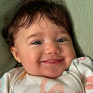 Freya joined the competition — help win amazing prizes! baby, child, close_up, clothing, cute, expression, eyes, fabric, face, green, hair, happy, indoors, infant, pattern, person, portrait, skin, smiling, young