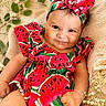 Maïna a rejoint le concours — aidez-le/la à gagner de superbes lots ! baby, infant, smile, headband, watermelon_pattern, red, green, black_seeds, dress, blanket, flower, white_flower, green_leaf, cute, chubby_cheeks, portrait, indoors, soft_texture, happy, closeup