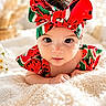 Maïna participe au concours pour gagner de l'argent avec cette photo : baby, infant, face, headband, colorful_clothing, watermelon_pattern, blanket, soft_texture, closeup, portrait, cute, wide_eyes, indoors, natural_light, child, small_hands, lying_down, expression, adorable, skin
