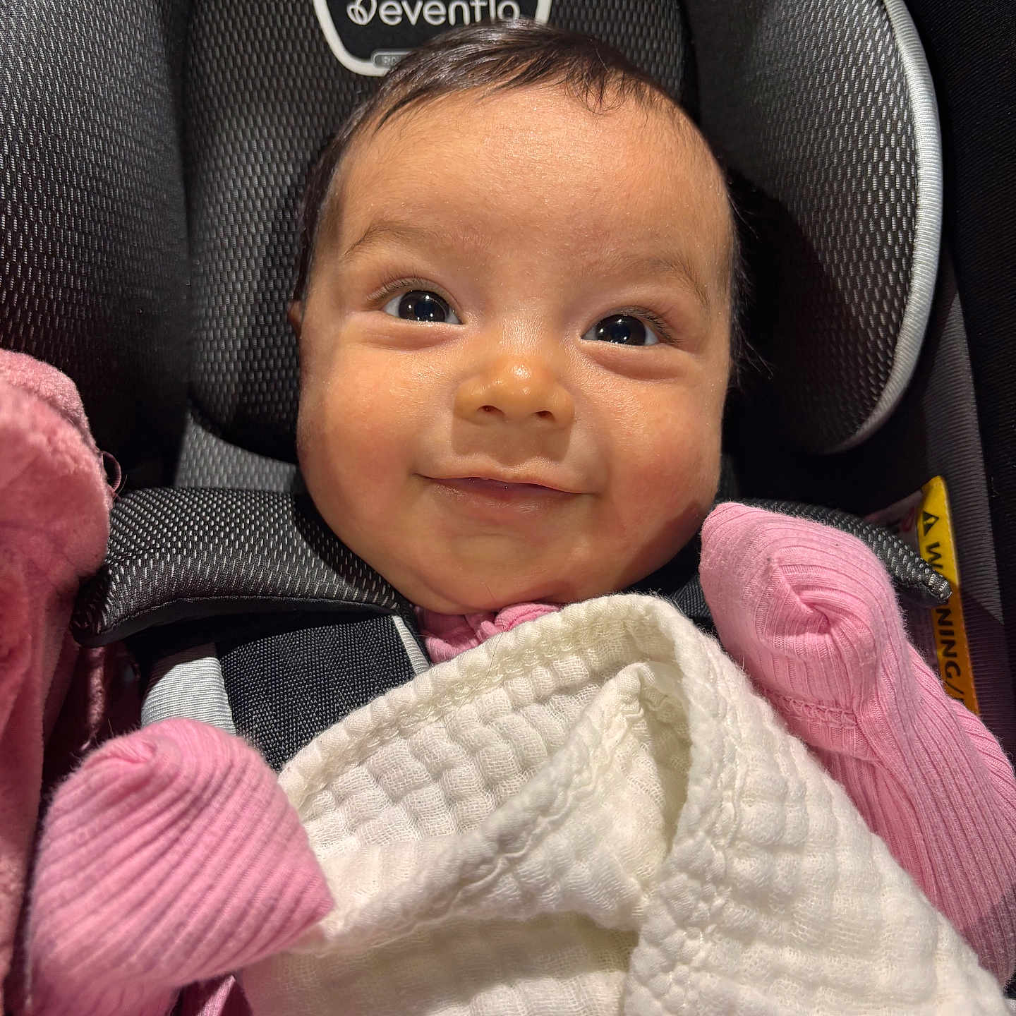 Izabella joined the competition — help win amazing prizes! baby, bodypart, car, car_interior, carseat, clothing, cushion, face, finger, hand, hat, head, homedecor, knitwear, person, photography, portrait, sweater, transportation, vehicle