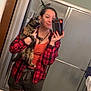 Charles joined the competition — help win amazing prizes! bathroom, casual_clothing, cat, earrings, holding_pet, indoor, mirror_selfie, orange_top, phone, plaid_shirt, red_nails, reflection, shorts, shower, sink, smiling, toilet, toothbrush, tortoiseshell_cat, woman