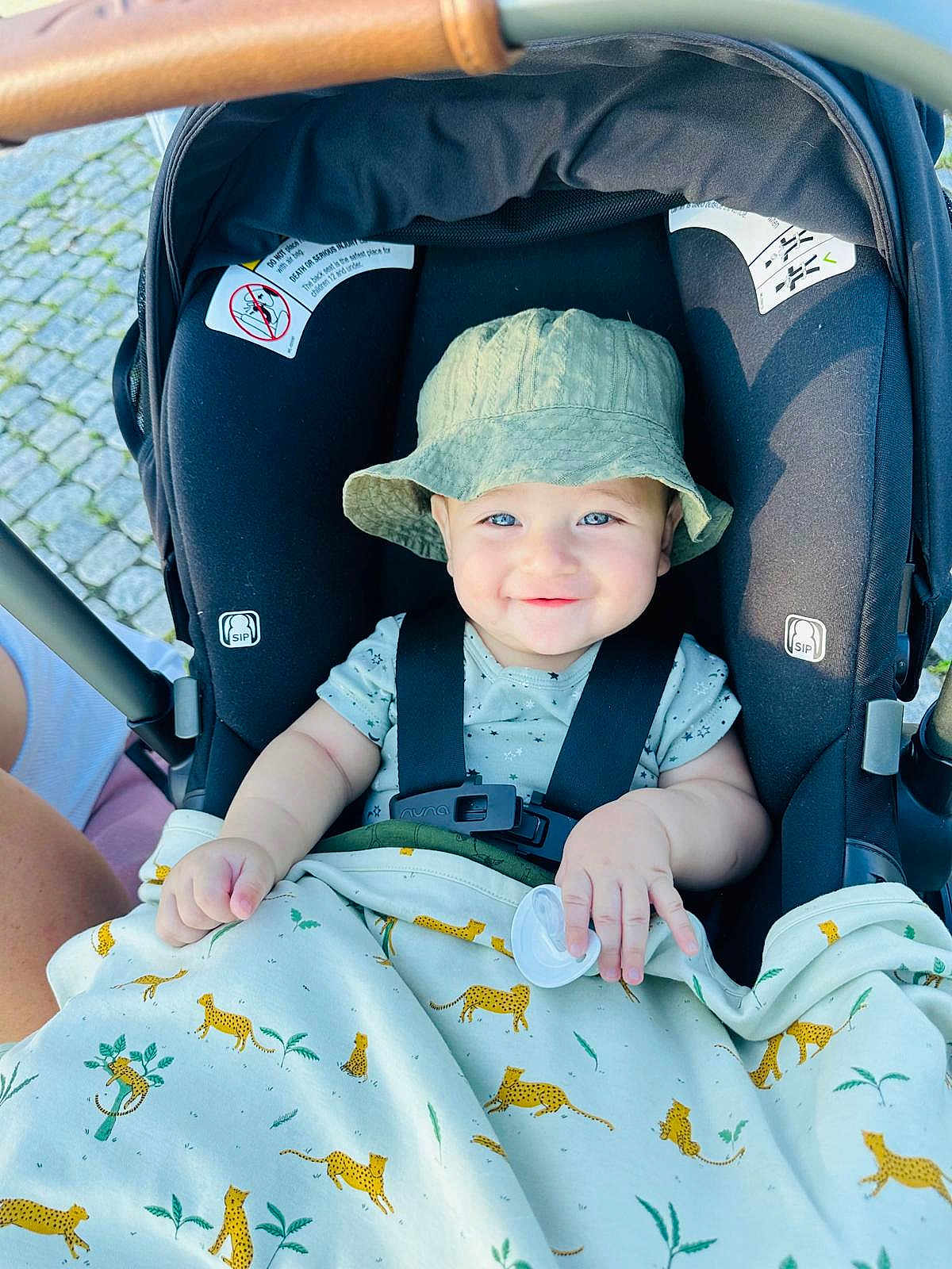 Logan joined the competition — help win amazing prizes! baby, child, smiling, stroller, bucket_hat, pacifier, blanket, cheetah_pattern, outdoor, daylight, cobblestone, infant, cute, happy, seated, clothing, person, baby_accessory, headwear, straps