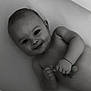 baby, bathtub, water, toy, smiling, child, infant, portrait, black_and_white, cute, hand, face, head, skin, indoors, bath, relaxing, playful, turtle, happy