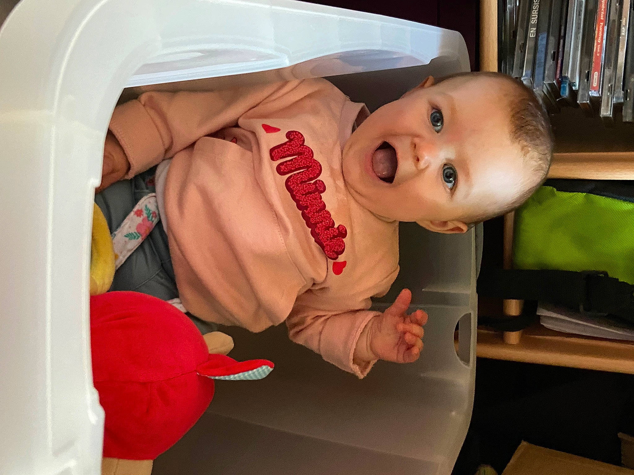 Yelena participe au concours pour gagner de l'argent avec cette photo : baby, baby_products, baby_safety, baby_toddler_clothing, baby_toys, bookcase, chair, child, comfort, drawer, eye, person, room, shelf, shelving, smile, surprise, toddler, toy