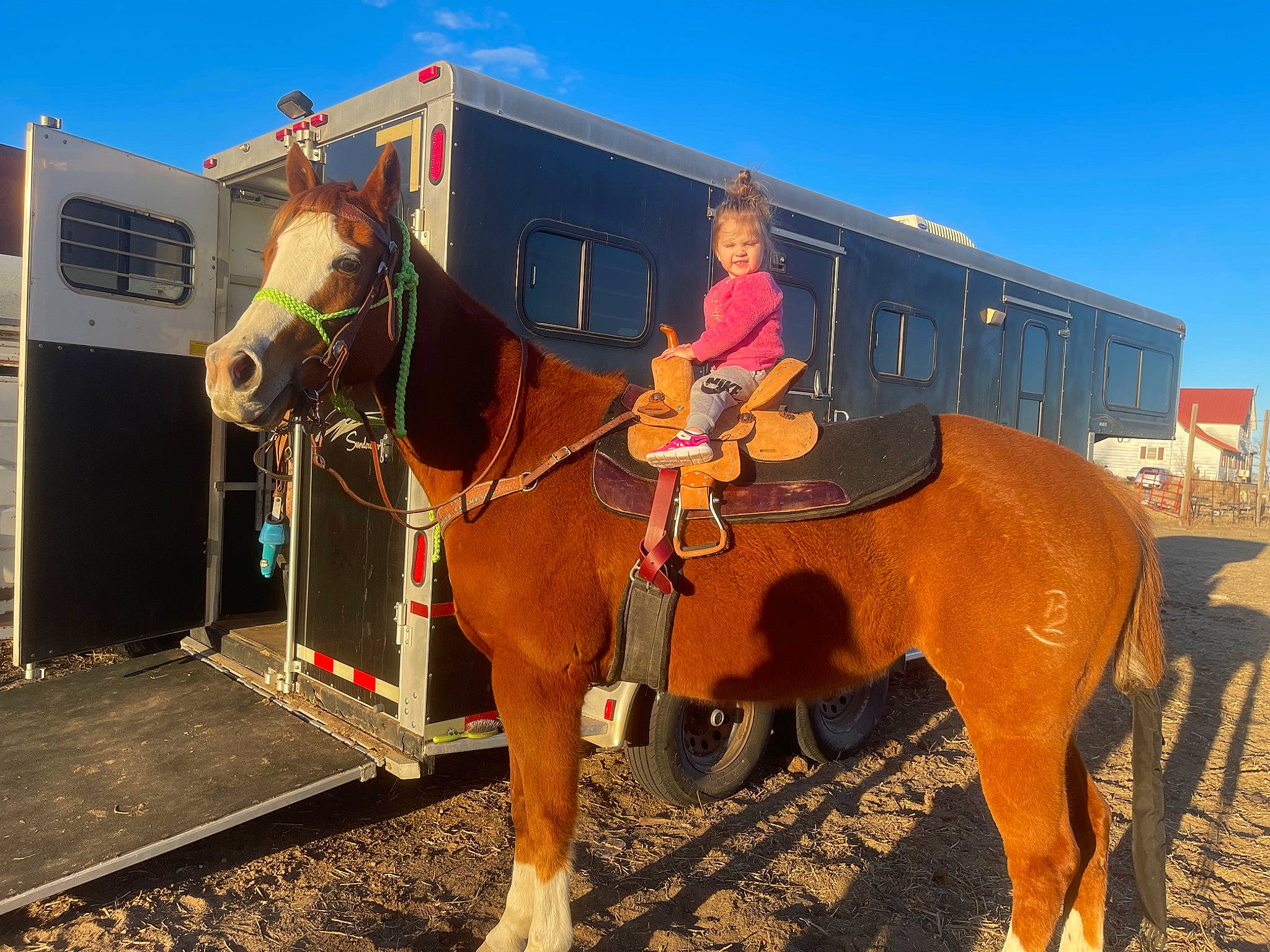Jacelynn joined the competition — help win amazing prizes! bit, bridle, equestrianism, horse, horse_supplies, horse_tack, landscape, leisure, mane, mode_of_transport, pack_animal, person, recreation, rein, saddle, sky, snout, sorrel, tire, vehicle