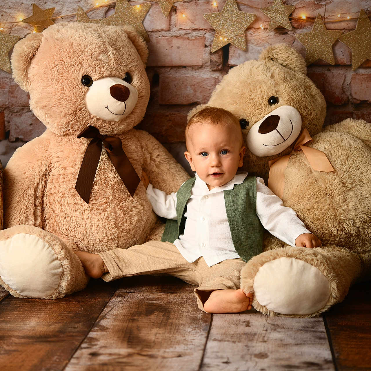 Arvid a rejoint le concours — aidez-le/la à gagner de superbes lots ! baby, barefoot, beige_pants, brick_wall, child, cozy, cute, flooring, indoor, lantern, plush_toy, portrait, smile, star_decoration, stuffed_animal, teddy_bear, vest, warm_lighting, white_shirt, wooden_crate
