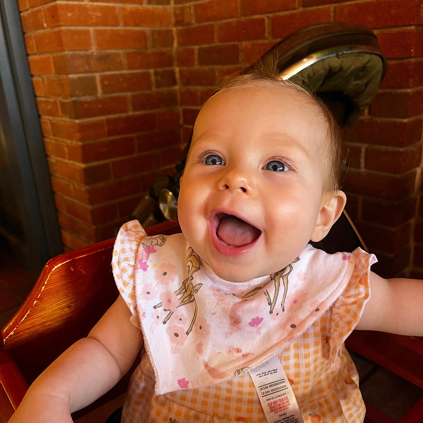 Amélie is registered to the contest to win money with this photo: baby, bib, brick_wall, child, clothing, cute, deer, face, floral, furniture, gingham, happy, high_chair, indoor, orange, pattern, person, pink, smiling, wood