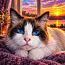 Jaycee Raye is registered to the contest to win money with this photo: cat, blue_eyes, close_up, sunset, purple_blanket, window, flowers, candle, cozy, fur, pet, indoors, relaxing, warm_light, nature_view, animal, portrait, soft_texture, calm, sleepy