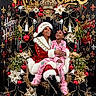 child, santa, christmas, holiday, portrait, smiling, laughing, festive, red_suit, pink_pajamas, throne, crown, poinsettia, ornaments, bells, bows, christmas_tree, floral_arrangement, black_background, family