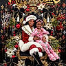 child, girl, adult, santa, christmas, holiday, festive, portrait, smiling, heart_gesture, pink_pajamas, red_dress, fur_trim, christmas_tree_decor, ornaments, bows, bells, poinsettias, black_background, decorations