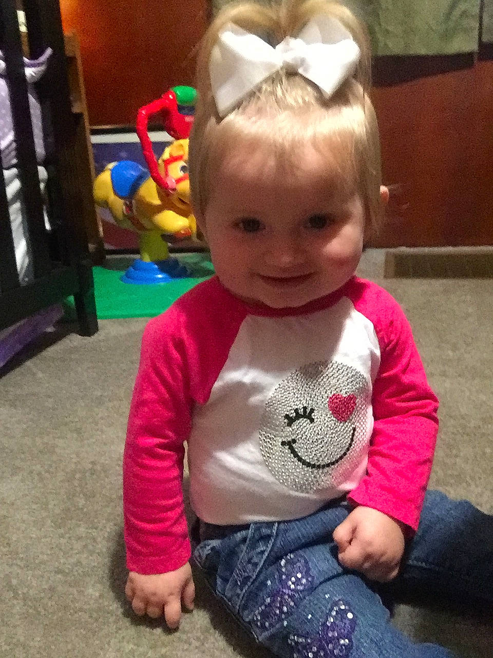 Harlee joined the competition — help win amazing prizes! baby_toddler_clothing, child, cool, facial_expression, flooring, fun, hairstyle, happy, head, iris, joy, magenta, mouth, person, play, product, sitting, sleeve, smile, standing