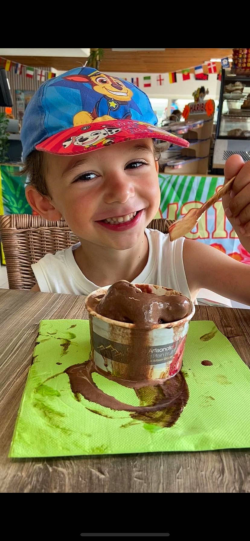Maxence participe au concours pour gagner de l'argent avec cette photo : baby, baseballcap, cap, child, clothing, cream, cutlery, dessert, dish, face, food, hat, head, icecream, icing, meal, person, photography, portrait, spoon
