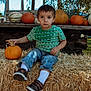 autumn, blue_sky, child, curious, daylight, fall, farm, gourds, green_shirt, harvest, hay, jeans, nature, outdoor, pumpkin, rustic, seasonal, shoes, sitting, toddler