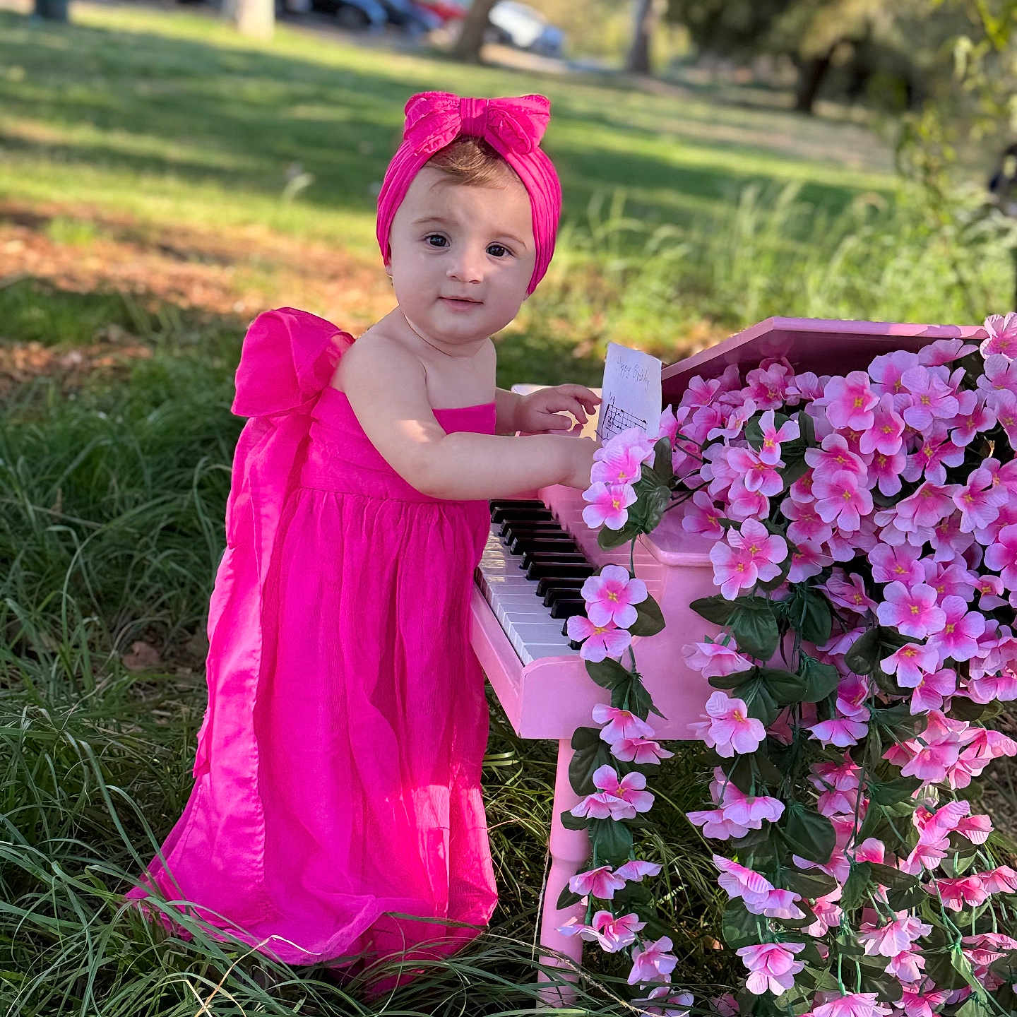 Aykanush Arpine is registered to the contest to win money with this photo: toddler, child, pink_dress, headband, piano, flowers, outdoor, grass, greenery, nature, daylight, portrait, cute, playing, music, toy_piano, flower_decoration, young_child, colorful, park