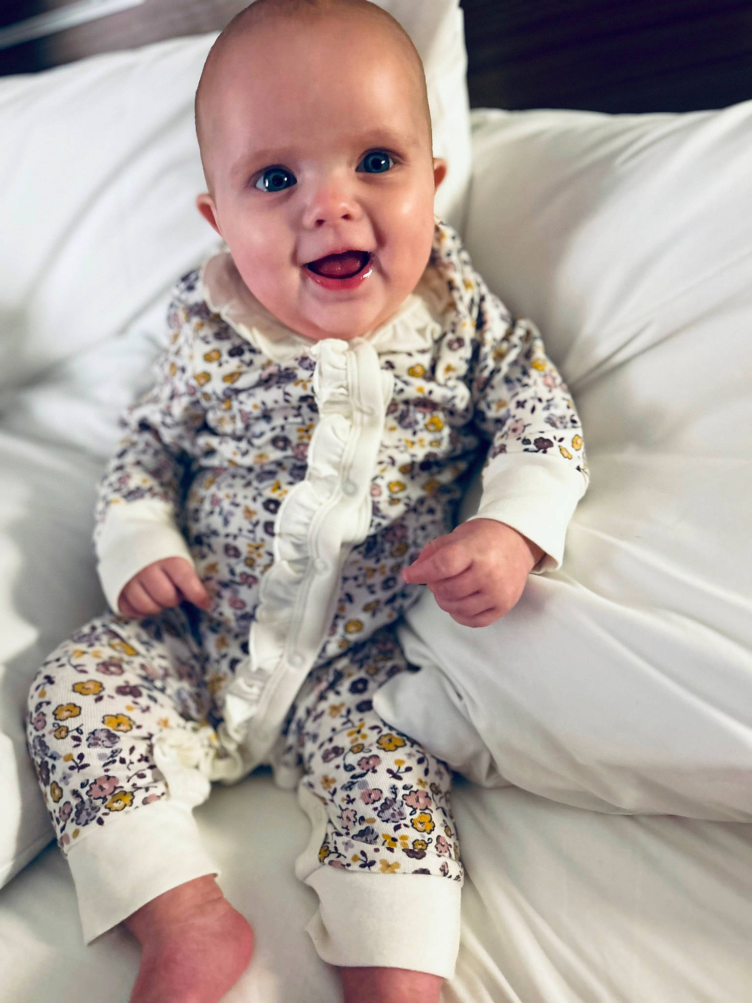Haisley joined the competition — help win amazing prizes! baby, baby_laughing, baby_toddler_clothing, child, collar, comfort, facial_expression, hairstyle, happy, human_leg, knee, pattern, person, sitting, skin, sleeve, smile, t_shirt, textile, thigh