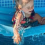 blue, child, cute, fun, happy, joy, outdoor, person, pigtails, play, pool, small_pool, splash, splashing, summer, sunlight, swimsuit, toddler, water, water_droplets