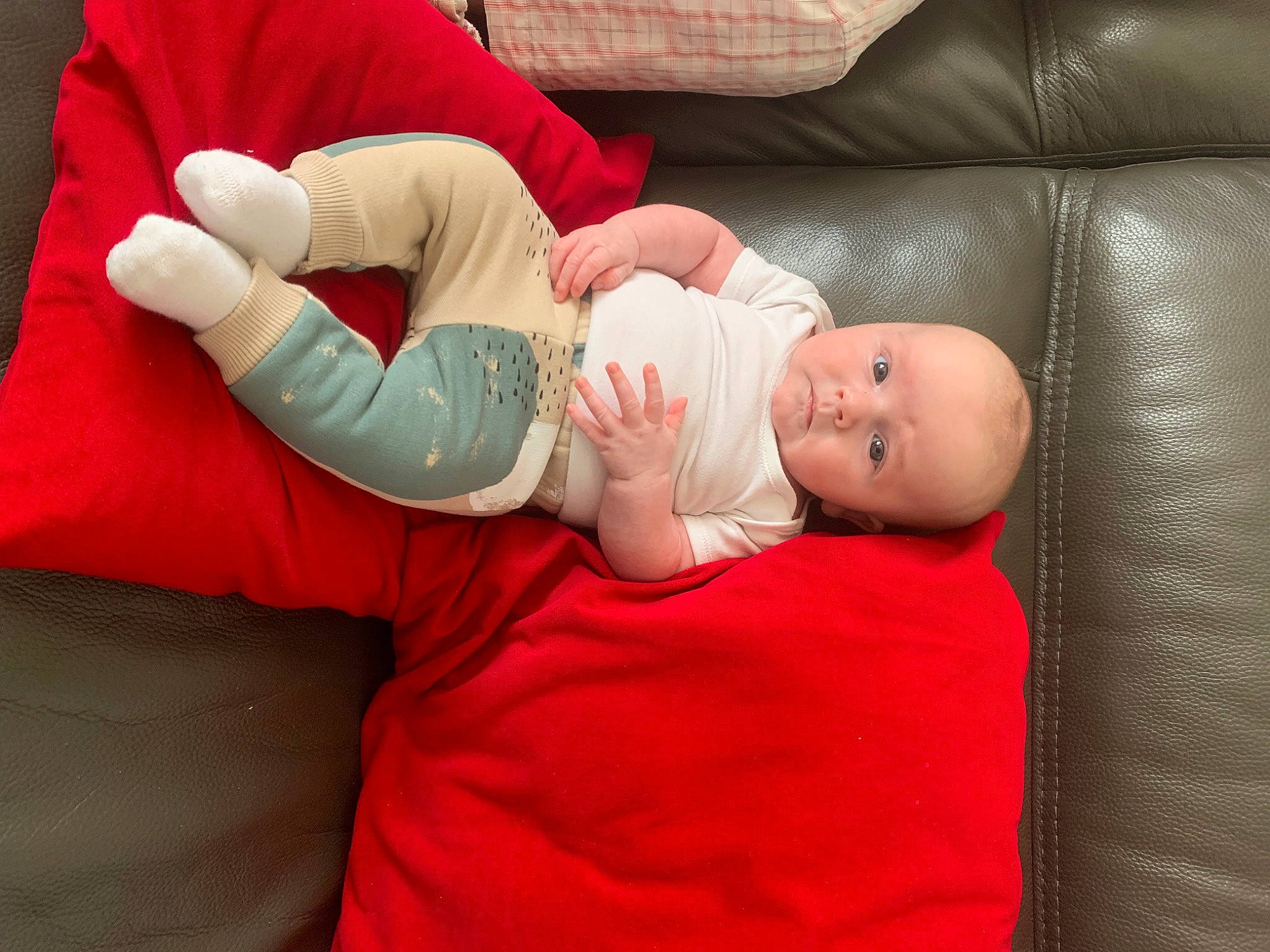 Hudson is registered to the contest to win money with this photo: abdomen, baby, baby_products, baby_toddler_clothing, child, comfort, couch, elbow, event, eye, gesture, hand, health_care, human_leg, knee, nail, person, service, sitting, toddler