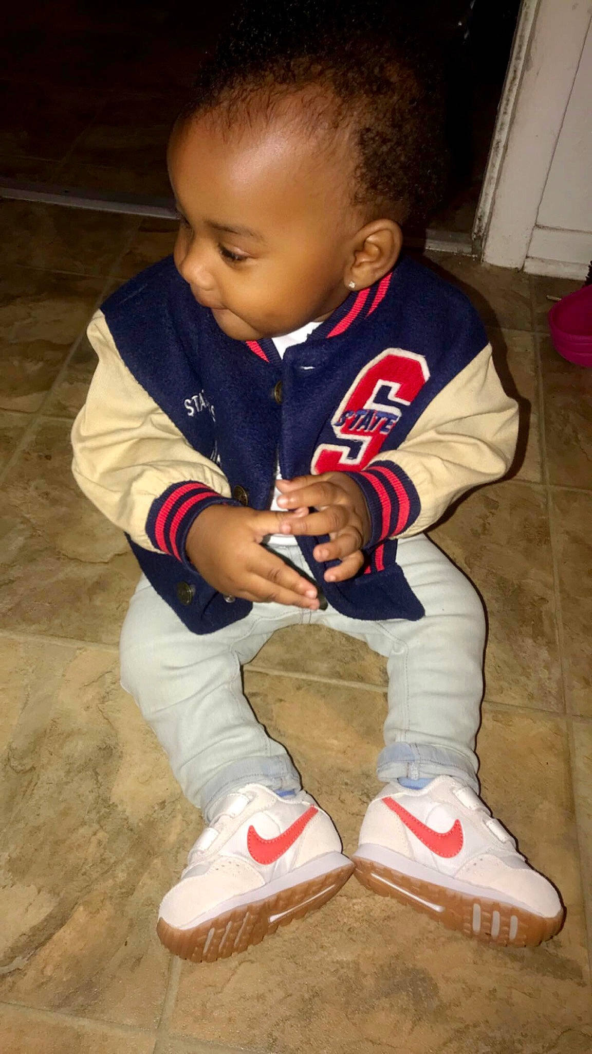 Mccoy joined the competition — help win amazing prizes! baby_toddler_clothing, cool, eye, finger, floor, flooring, footwear, fun, head, human_leg, joint, knee, leg, person, red, sleeve, sock, sportswear, thigh, toddler