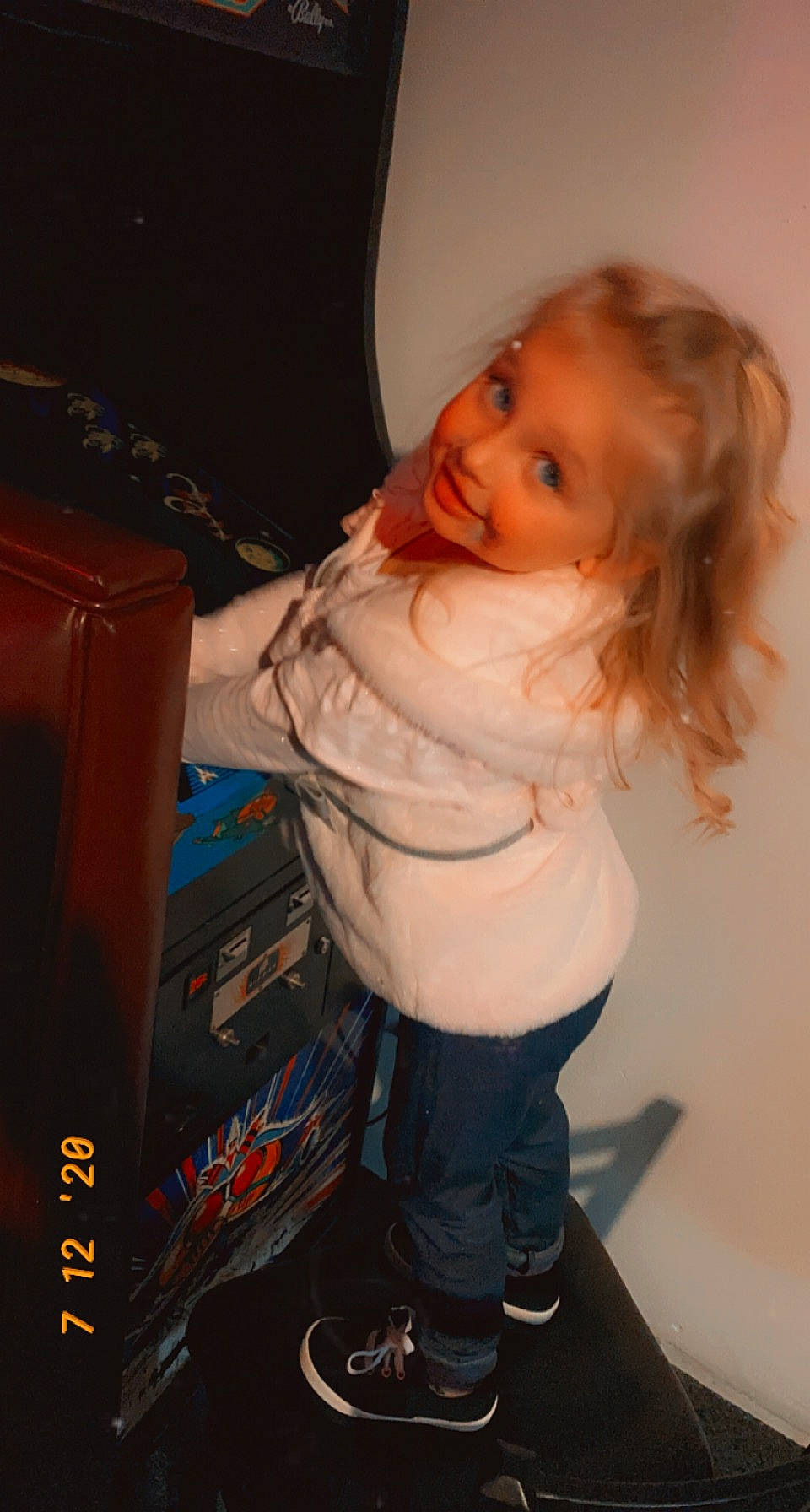 Amelia joined the competition — help win amazing prizes! audio_equipment, baby, box, cheek, child, denim, eye, fun, hair, head, human_leg, jeans, joint, joy, person, room, shipping_box, sitting, smile, standing