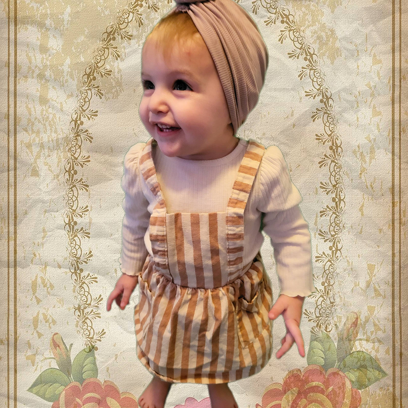 Ember joined the competition — help win amazing prizes! baby, baby_laughing, baby_toddler_clothing, beauty, child, clothing, day_dress, dress, face, fashion_accessory, grass, happy, pattern, peach, person, pink, skin, sleeve, smile, t_shirt