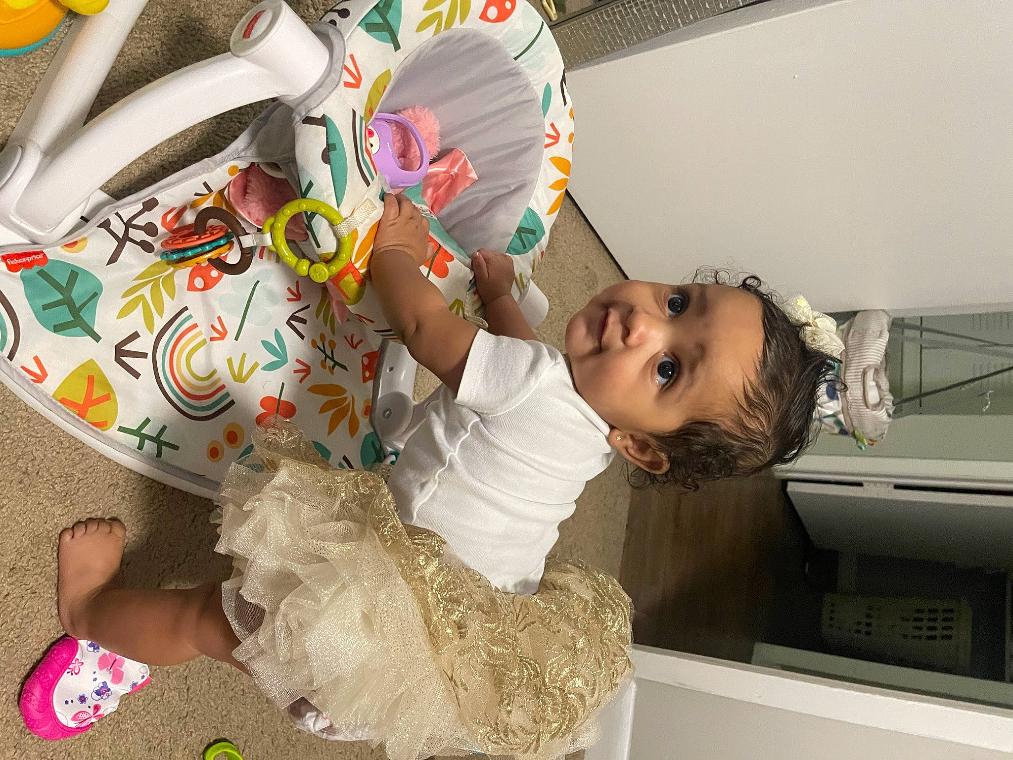 Mariah joined the competition — help win amazing prizes! baby, baby_toddler_clothing, child, event, fun, happy, leisure, party, party_supply, pattern, person, play, room, sandal, smile, toddler, visual_arts, yellow