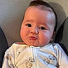 Daniel is registered to the contest to win money with this photo: baby, infant, face, pout, onesie, clothing, cute, child, portrait, sitting, indoors, expression, head, skin, hair, young, newborn, person, texture, background