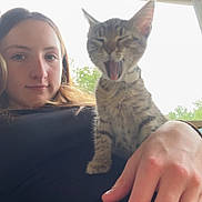 Moxie joined the competition — help win amazing prizes! woman, kitten, cat, animal, pet, yawning, hand, portrait, outdoor, porch, natural_light, relaxing, young_adult, tabby, feline, casual, resting, closeup, expression, companion