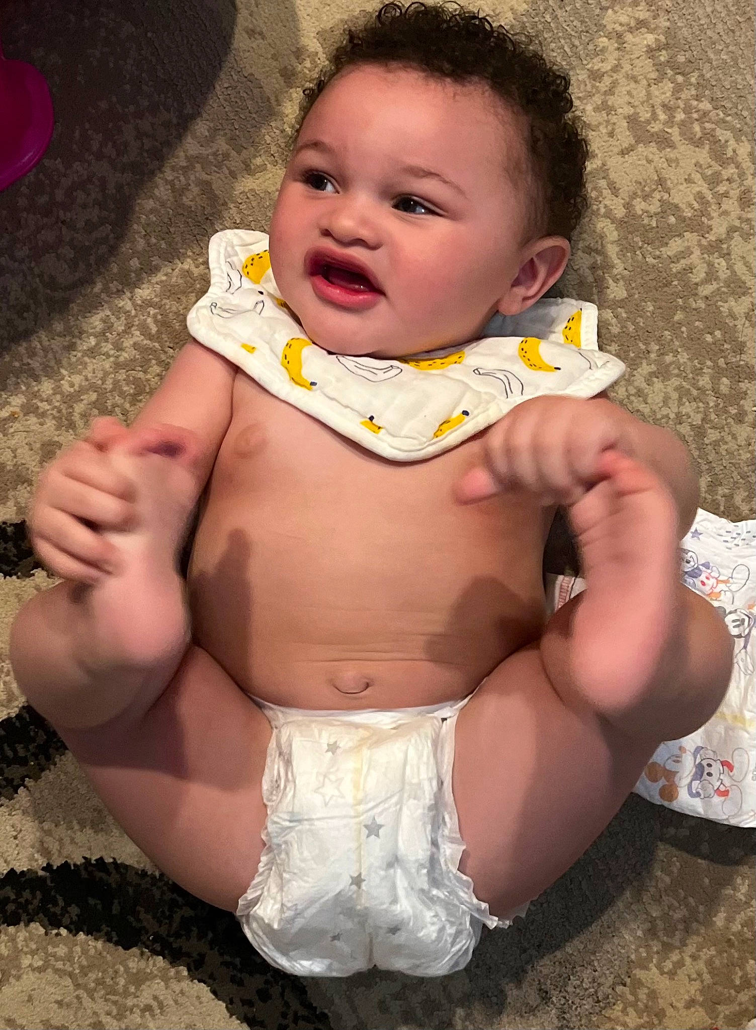 Duray is registered to the contest to win money with this photo: baby, baby_toddler_clothing, cheek, chest, face, flash_photography, hair, happy, head, human_body, iris, lip, mouth, neck, nose, person, pink, skin, stomach, toddler