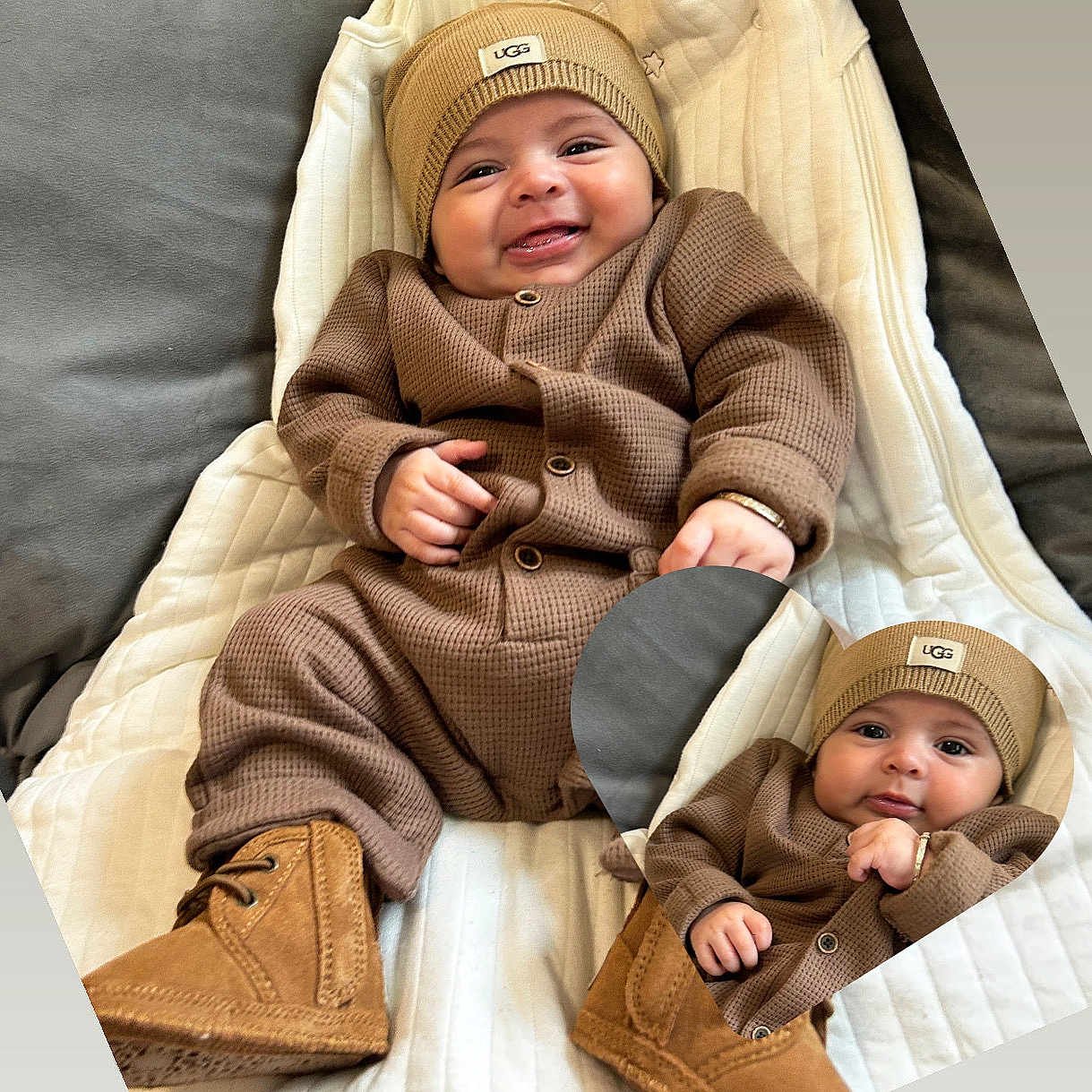 Malik-Abdi is registered to the contest to win money with this photo: apparel, baby, beanie, blanket, boots, bracelet, brown_clothing, child, cozy, cute, face, footwear, happy, indoor, infant, person, portrait, quilted, smiling, warm_clothing