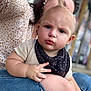 Elias is registered to the contest to win money with this photo: baby, child, person, face, arm, hand, clothing, bib, denim, jeans, sitting, expression, blurred_background, casual, skin, indoor, portrait, cute, young, holding