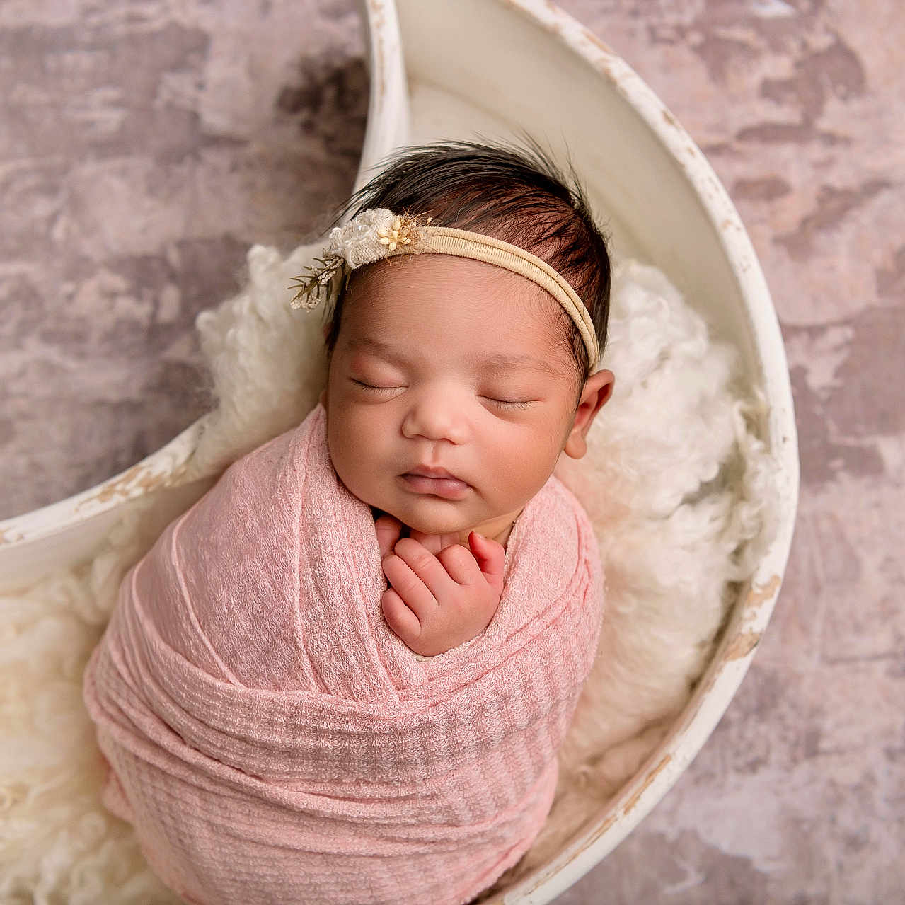 Arielle joined the competition — help win amazing prizes! baby, blanket, closeup, cozy, cute, flower, fluffy, hands, headband, indoors, infant, neutral_background, newborn, peaceful, portrait, sleeping, soft, studio, white_bowl, wrapped