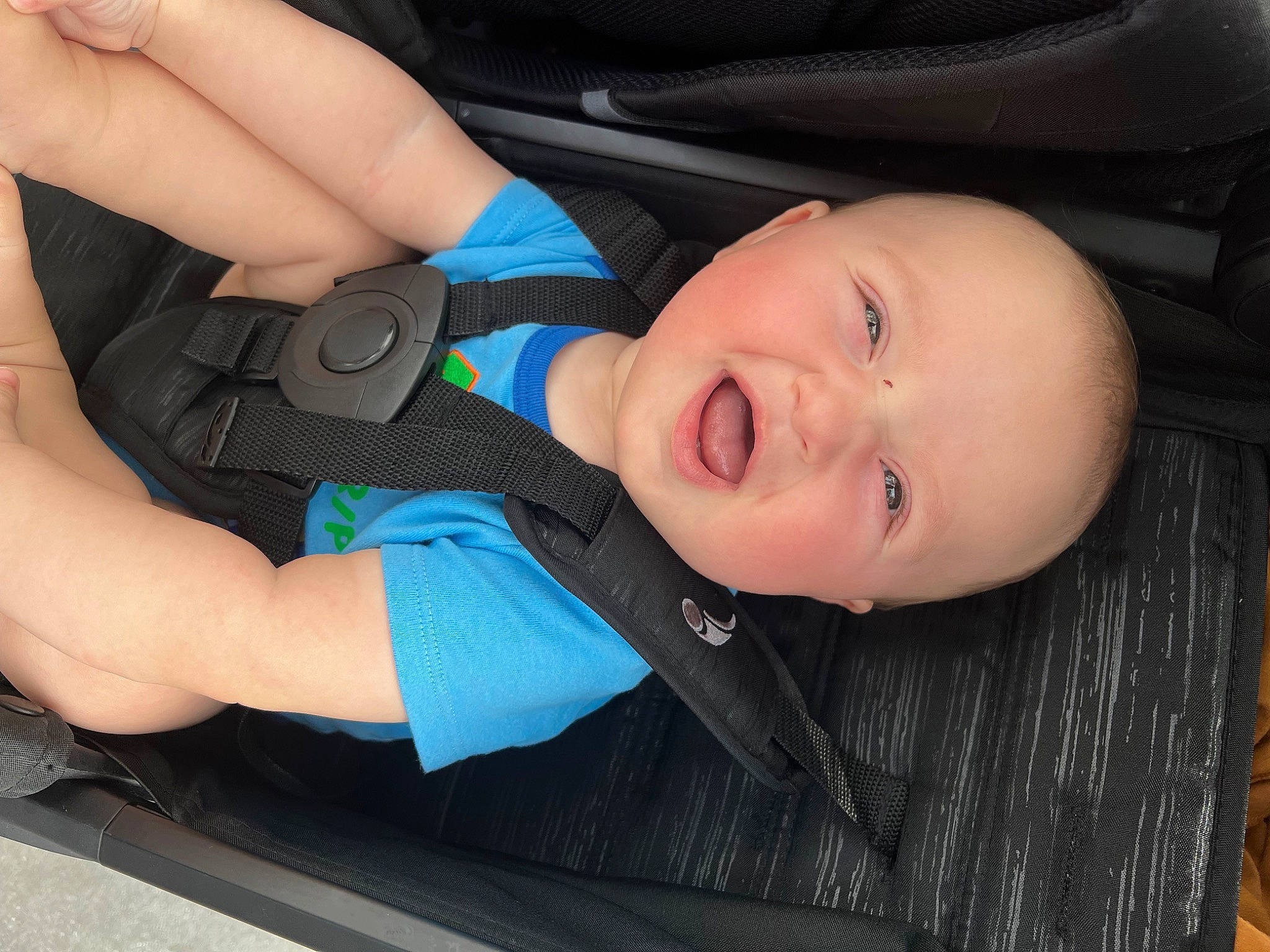 Madsen is registered to the contest to win money with this photo: auto_part, baby, baby_carriage, baby_laughing, baby_products, baby_toddler_clothing, car_seat, cheek, child, comfort, elbow, electric_blue, fun, happy, nail, person, sitting, smile, thigh, toddler