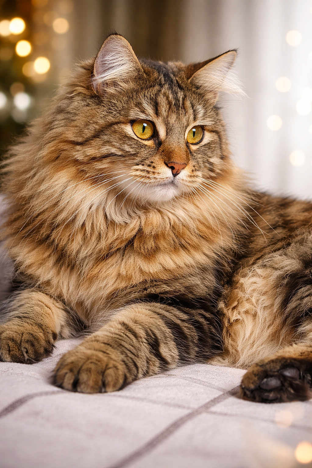 Savane a rejoint le concours — aidez-le/la à gagner de superbes lots ! cat, tabby_cat, fluffy, pet, animal, feline, yellow_eyes, whiskers, closeup, portrait, indoor, soft_lighting, bokeh, relaxing, fur, paws, cute, mammal, laying_down, warm_colors