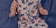 Skylar joined the competition — help win amazing prizes! baby, infant, child, floral_outfit, blue_blanket, cute, portrait, smiling, curious, clothing, lying_down, hands, feet, skin, face, eyes, head, buttoned_shirt, fabric, indoor