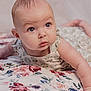 baby, child, infant, blue_eyes, floral_blanket, patterned_clothing, lying_down, curious_expression, soft_lighting, indoors, skin, face, arms, head, toddler, cute, portrait, person, small_child, blanket