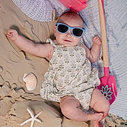 Skylar is registered to the contest to win money with this photo: baby, sunglasses, beach, sand, seashell, starfish, shovel, sandcastle, dress, child, toy, summer, relaxation, sunny, outdoor, cute, play, vacation, infant, fun