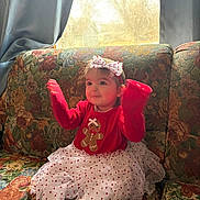 Jamboree Davis is registered to the contest to win money with this photo: toddler, child, red_sweater, gingerbread_man, white_tutu, polka_dots, headband, bow, couch, floral_pattern, window, daylight, indoor, happy, smiling, sitting, hands_up, cute, festive, cozy