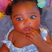 Jalinah Miller is registered to the contest to win money with this photo: baby, child, infant, face, hand, dress, flower_pattern, hair_accessories, pink_bow, blue_flower, curly_hair, skin, cute, portrait, indoor, fingers_in_mouth, expression, seated, closeup, adorable