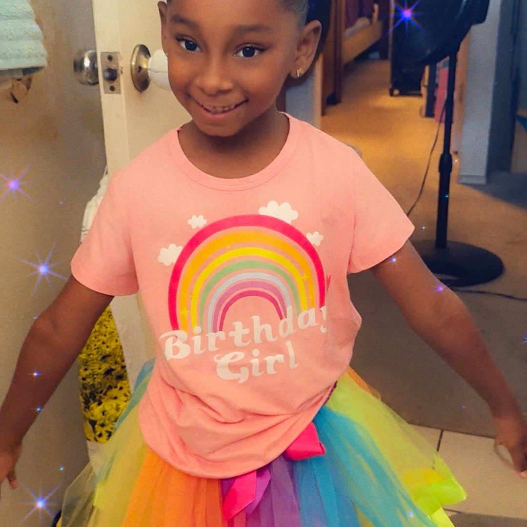 Summer is registered to the contest to win money with this photo: birthday_girl, celebration, child, colorful_clothing, cute, door, fan, fashion, girl, hair_bow, happy, home, indoor, person, portrait, rainbow, smiling, sparkles, tile_floor, tutu