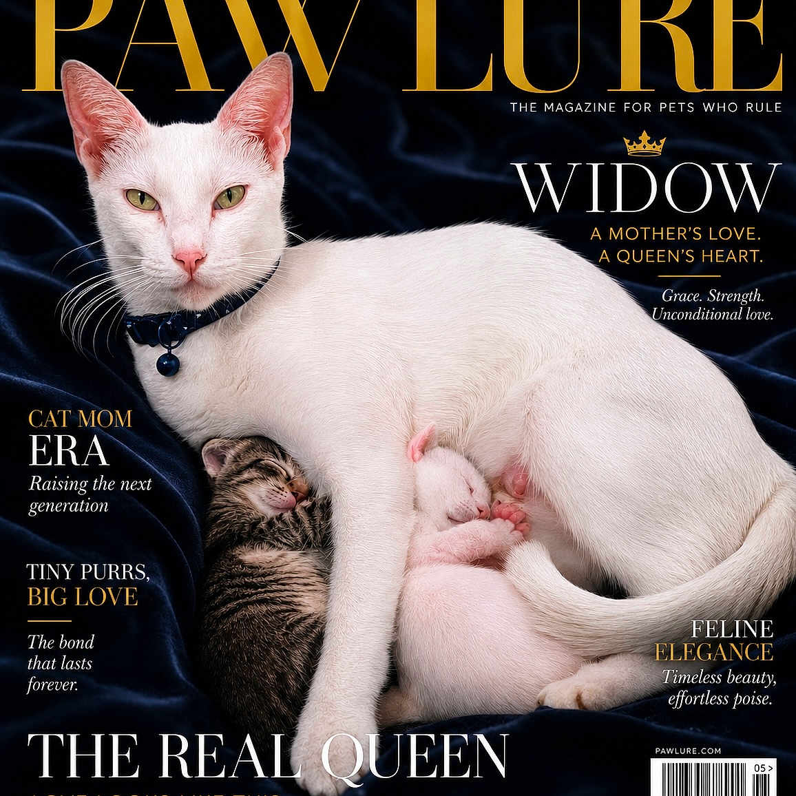 Widow is registered to the contest to win money with this photo: cat, kitten, white_cat, tabby_kitten, sleeping_kittens, mother_cat, velvet_background, magazine_cover, text_overlay, elegance, pose, collar, pink_nose, green_eyes, feline, love, motherhood, resting, close_up, animal