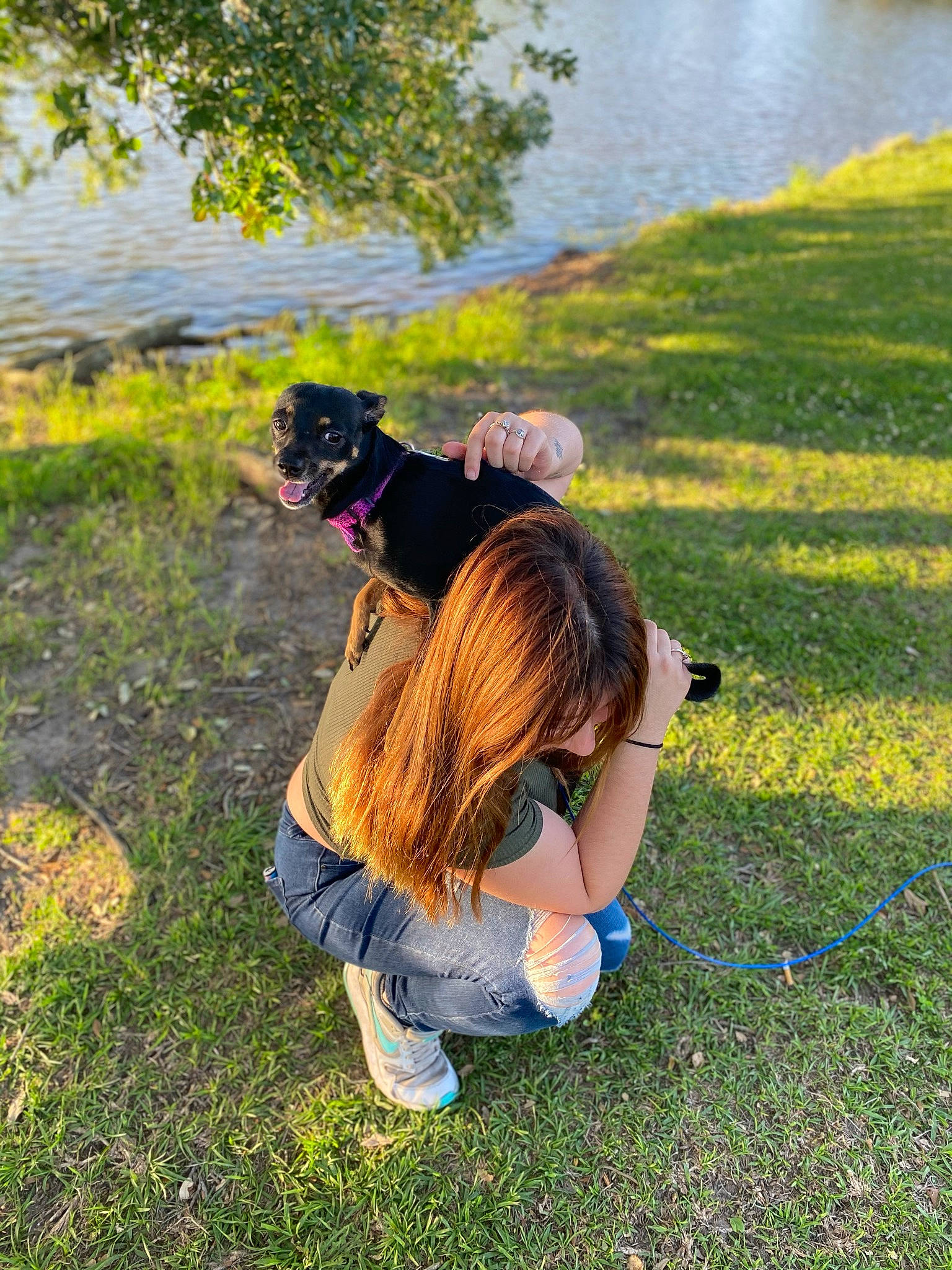 Moo joined the competition — help win amazing prizes! companion_dog, fawn, friendship, fun, grass, grassland, happy, jeans, lake, landscape, leisure, meadow, nature, people_in_nature, plant, recreation, shoe, summer, tree, water