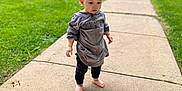 Uhtred is registered to the contest to win money with this photo: toddler, child, sidewalk, barefoot, hoodie, gray_clothing, outdoor, grass, cars, residential_area, concrete, curious, walking, young_child, person, daytime, casual_clothing, suburb, lawn, pavement