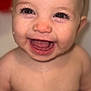 baby, infant, smiling, open_mouth, teeth, eyes, eyelashes, wet_skin, bath, bathtub, water_droplet, bare_chest, closeup, portrait, happy, cute, skin, indoors, toy, blurred_background
