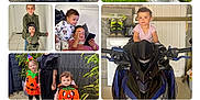 Cameron joined the competition — help win amazing prizes! child, children, toy_car, motorcycle, costume, halloween, pumpkin, grass, indoor, outdoor, lawn_mower, mask, smiling, family, play, floor, clothing, person, portrait, happy