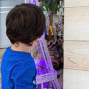 Cameron is registered to the contest to win money with this photo: child, blue_shirt, indoor, decorative_lights, plant, stone_wall, curious, short_hair, floor, electric_cord, purple_light, young_child, back_view, casual_clothing, wooden_floor, home_decor, ornament, person, standing, daylight