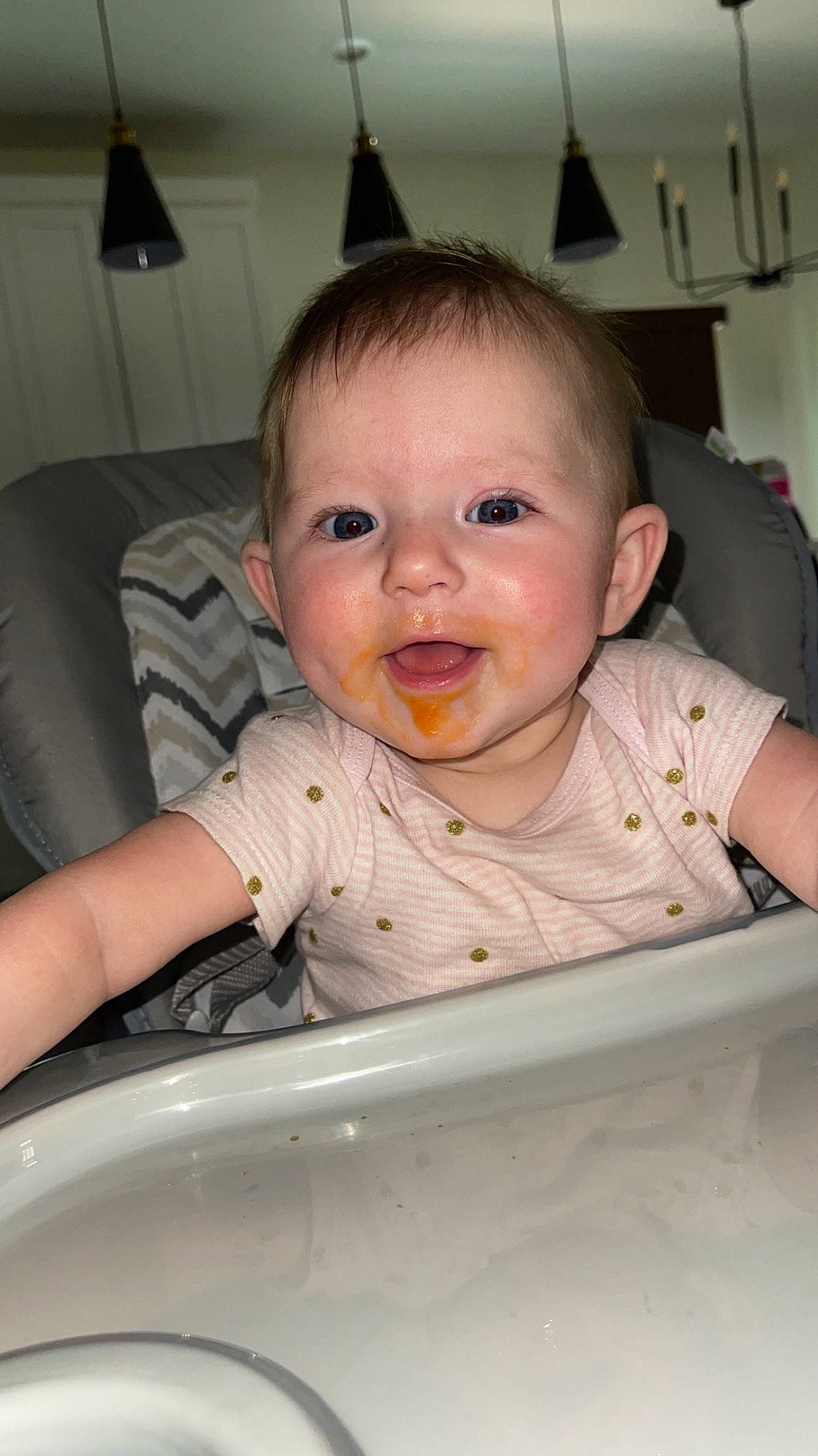 Wren joined the competition — help win amazing prizes! baby, baby_toddler_clothing, chair, cheek, chin, eye, eyebrow, eyelash, finger, fun, head, iris, lip, mouth, nose, person, sitting, skin, sleeve, tableware