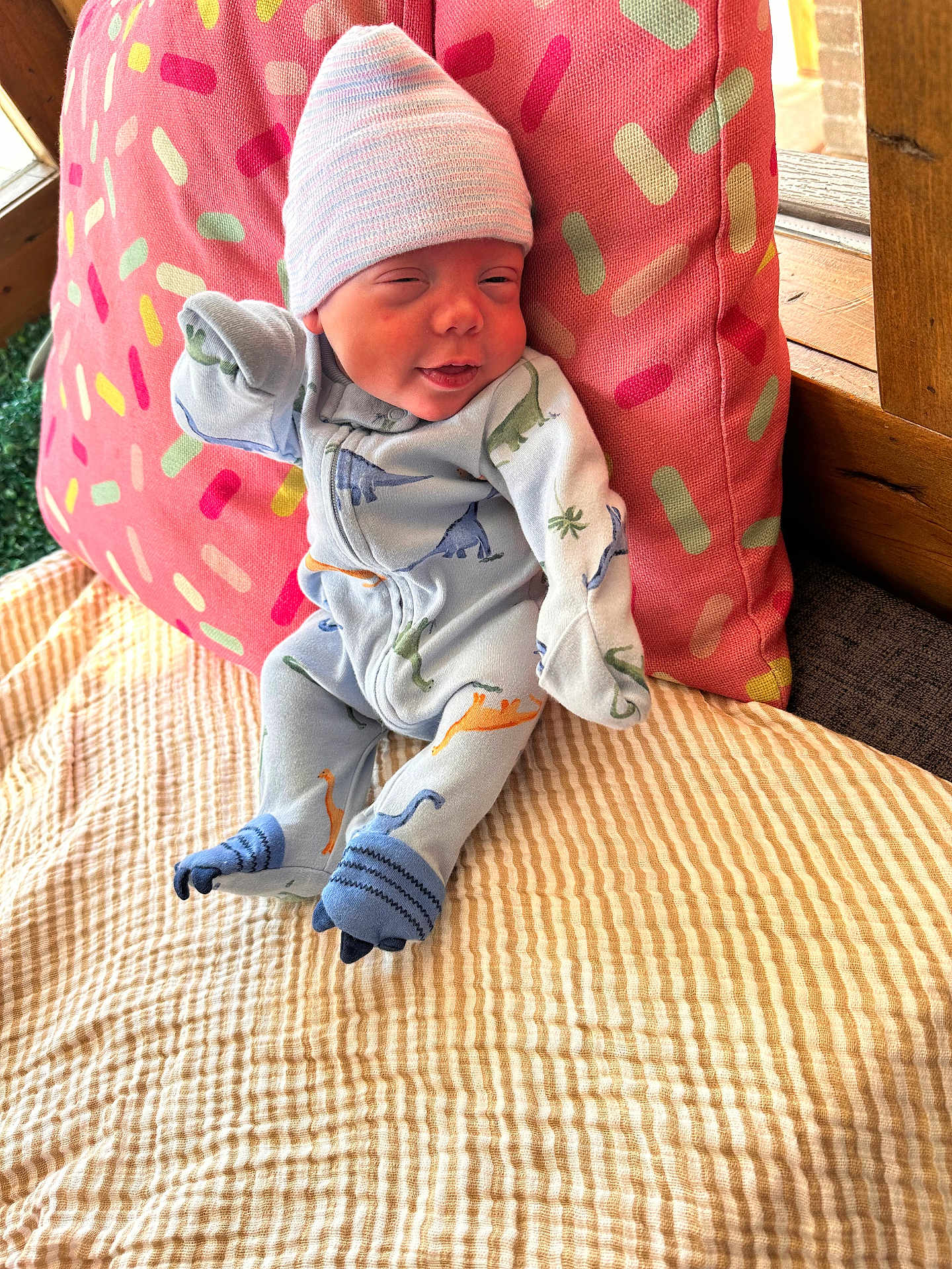 Raymond joined the competition — help win amazing prizes! baby, infant, onesie, hat, dinosaur_pattern, pillow, sprinkle_pattern, blanket, wood, window, indoor, cozy, cute, sleepy, soft, clothing, child, person, resting, furniture