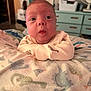 Raymond is registered to the contest to win money with this photo: baby, infant, blanket, face, expression, indoors, bedroom, furniture, person, clothing, curious, pattern, soft, resting, young, cute, child, home, comfort, portrait
